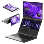 Image of the GPD Duo laptop showcasing its 3 in 1 design featuring a dual 133 inch touchscreen display with 28K resolution The laptop is displayed in different modes tablet mode tent mode and dual screen laptop mode The secondary screen supports video input via USB C The specifications include an AMD Ryzen AI 9 processor 64GB LPDDR5x RAM and 8TB PCIe 40 NVMe SSD storage