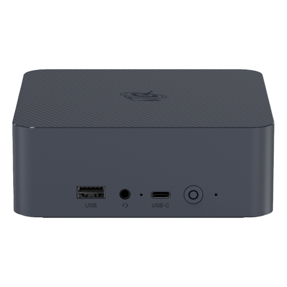 The front view of a compact Beelink EQI12 Mini PC in dark grey. It features a USB-A port, a 3.5mm headphone jack, a USB-C port, and a power button. The casing has a textured design on the top with a circular logo.