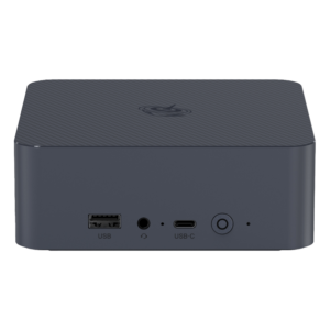 The front view of a compact Beelink EQI12 Mini PC in dark grey. It features a USB-A port, a 3.5mm headphone jack, a USB-C port, and a power button. The casing has a textured design on the top with a circular logo.