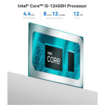 Illustration of the Intel Core i5-12450H processor chip with details on its 4.4 GHz maximum turbo frequency, 8 cores, 12 threads, and 12MB L3 cache. The processor is highlighted for its high-performance capabilities, ideal for smooth multitasking and productivity.