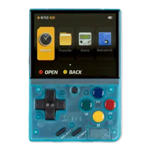 Miyoo Mini V4 in transparent blue: A handheld gaming console in transparent blue, showcasing internal details. The screen displays the main menu, and the device has a D-pad and multicolored buttons (green, blue, yellow, and red) alongside Select and Start buttons.