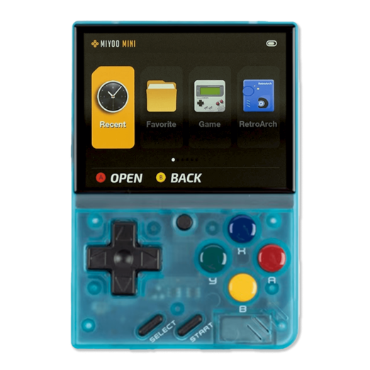 Miyoo Mini V4 in transparent blue A handheld gaming console in transparent blue showcasing internal details The screen displays the main menu and the device has a D pad and multicolored buttons green blue yellow and red alongside Select and Start buttons