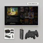 A plug and play setup featuring the GD10 PLUS gaming stick connected to a TV displaying a retro gaming interface with classic game titles like Cruise for a Corpse Below the TV the package contents are shown including the GD10 PLUS device two wireless controllers an Android cable an extension cable a receiver and the packaging box The image emphasizes the ease of setup and the nostalgic gaming experience provided by the device