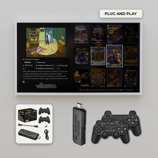 A plug and play setup featuring the GD10 PLUS gaming stick connected to a TV displaying a retro gaming interface with classic game titles like Cruise for a Corpse Below the TV the package contents are shown including the GD10 PLUS device two wireless controllers an Android cable an extension cable a receiver and the packaging box The image emphasizes the ease of setup and the nostalgic gaming experience provided by the device