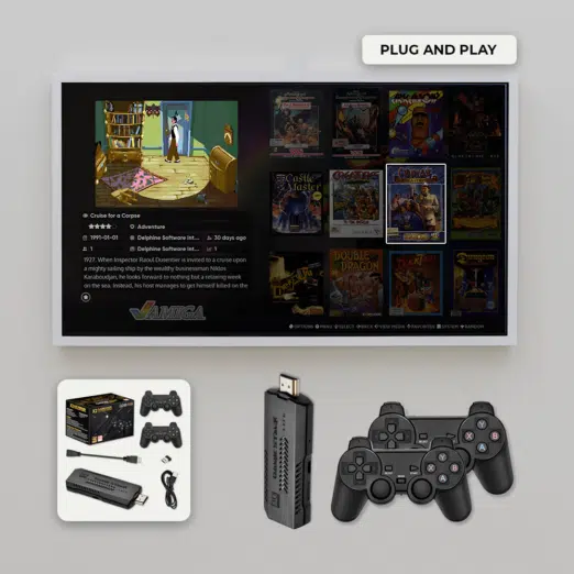 A plug and play setup featuring the GD10 PLUS gaming stick connected to a TV displaying a retro gaming interface with classic game titles like Cruise for a Corpse Below the TV the package contents are shown including the GD10 PLUS device two wireless controllers an Android cable an extension cable a receiver and the packaging box The image emphasizes the ease of setup and the nostalgic gaming experience provided by the device