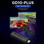 Promotional image showcasing the GD10 PLUS gaming stick featuring an S905 chip with DDR3 1GB RAM The image displays two TV screens with classic racing game visuals and two wireless controllers The device supports a 24G wireless controller compatible with PSP N64 and PS1
