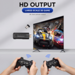 The GD10-PLUS gaming stick connected to a TV, highlighting its 4K HD output capabilities for large-scale 3D gaming. Two wireless controllers are shown in use, emphasizing multiplayer gameplay with clear, high-resolution visuals.