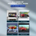 The GD10 PLUS gaming stick shown connected to various devices a TV notebook PC and projector The image emphasizes the devices versatility making it suitable for different global application scenarios