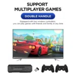 An image showcasing the GD10 PLUS gaming stick with support for multiplayer games It includes two wireless controllers labeled as double handle for convenient multiplayer gaming with friends and family A TV screen displays a racing game highlighting the immersive experience