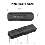 A detailed view of the GD10-PLUS gaming stick with labeled dimensions (100mm length and 33mm width) and ports. Ports include USB, TF Card, DC Card, IR Cable, and HD, providing various connectivity options in a compact device.