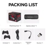 A list of items included in the GD10 PLUS package a packing box the Game Stick Lite two gamepads an Android cable an extension cable and a wireless receiver This image gives a clear overview of everything provided with the GD10 PLUS