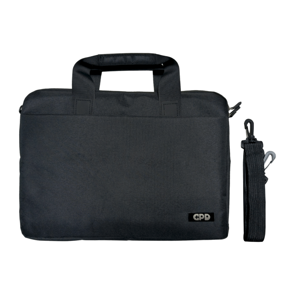 A black protective case with handles designed for the GPD Duo, featuring a sleek design and a detachable shoulder strap. The GPD logo is visible in the lower corner.