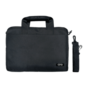 A black protective case with handles designed for the GPD Duo, featuring a sleek design and a detachable shoulder strap. The GPD logo is visible in the lower corner.