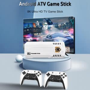 Promotional image of the K8 PRO Android ATV Game Stick connected to a TV displaying a high-speed racing game. The device supports 8K Ultra HD output for an immersive viewing experience. Two white controllers are shown, emphasizing the high-definition gaming capabilities.