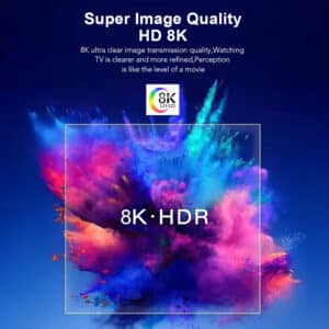 An image showcasing the K8 PRO's 8K HDR capabilities, with vibrant colors exploding on the screen to illustrate the ultra-clear, refined image quality. The text highlights the cinematic experience provided by the 8K HDR feature.