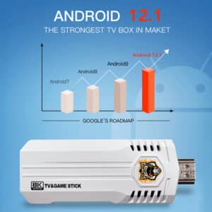 An image illustrating the K8 PRO's support for Android 12.1, described as the strongest TV box in the market. A chart shows its progression through various Android versions, highlighting its updated and advanced operating system. An image illustrating the K8 PRO's support for Android 12.1, described as the strongest TV box in the market. A chart shows its progression through various Android versions, highlighting its updated and advanced operating system.