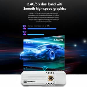 An image showcasing the K8 PRO’s 2.4G/5G dual-band WiFi capabilities, which enhance transmission rates by up to 50% for smoother, high-speed graphics. A racing scene illustrates the stability and speed ideal for streaming and gaming.