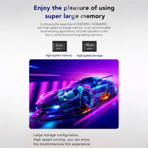 An image showcasing the K8 PRO’s high-speed memory and storage, featuring 2GB DDR3 RAM and 16GB eMMC storage. A dynamic car racing graphic illustrates the device’s capability for high-speed applications, providing an immersive experience for gaming and multimedia.