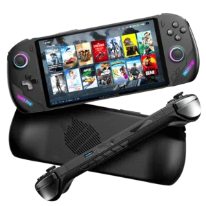 Front and back views of the ONEXPLAYER F1 Pro handheld device highlighting its ergonomic design, wide display with various gaming titles on screen, and rear air vent for cooling.