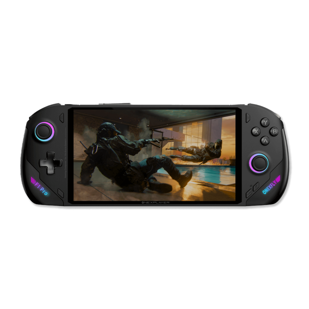 ONEXFLY F1 Pro handheld gaming device showing a vibrant action-packed game scene on its screen, with RGB lighting accents and ergonomic controls.