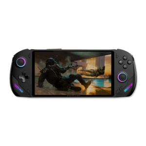 ONEXFLY F1 Pro handheld gaming device showing a vibrant action-packed game scene on its screen, with RGB lighting accents and ergonomic controls.