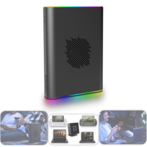 The ONEXGPU 2 shown vertically with vibrant RGB lighting around its base, accompanied by lifestyle imagery below showcasing its use in gaming setups, connected to various handheld and laptop devices.