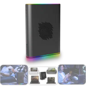 The ONEXGPU 2 shown vertically with vibrant RGB lighting around its base, accompanied by lifestyle imagery below showcasing its use in gaming setups, connected to various handheld and laptop devices.