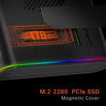 Close-up of the ONEXGPU device showcasing its magnetic cover for an M.2 2280 PCIe SSD, featuring a highlighted 4TB SSD slot in orange with subtle RGB lighting along the device edges