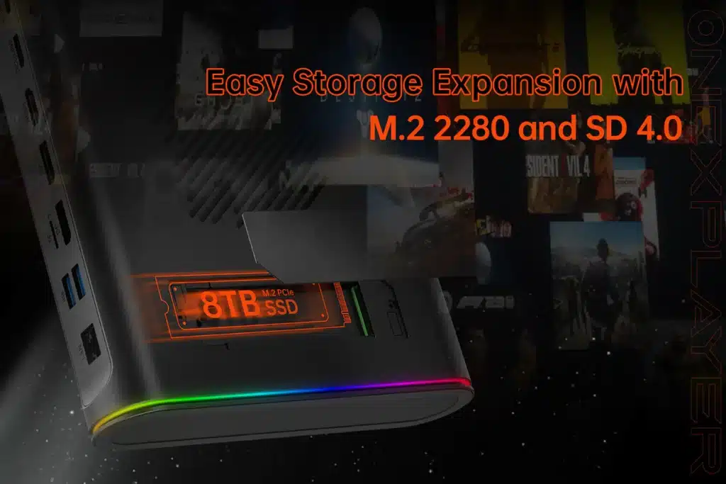 A close-up of the ONEXGPU 2 showing its storage expansion capabilities, highlighting support for M.2 2280 and SD 4.0 with an 8TB SSD displayed inside the device. RGB lighting is visible along the device’s bottom edge.