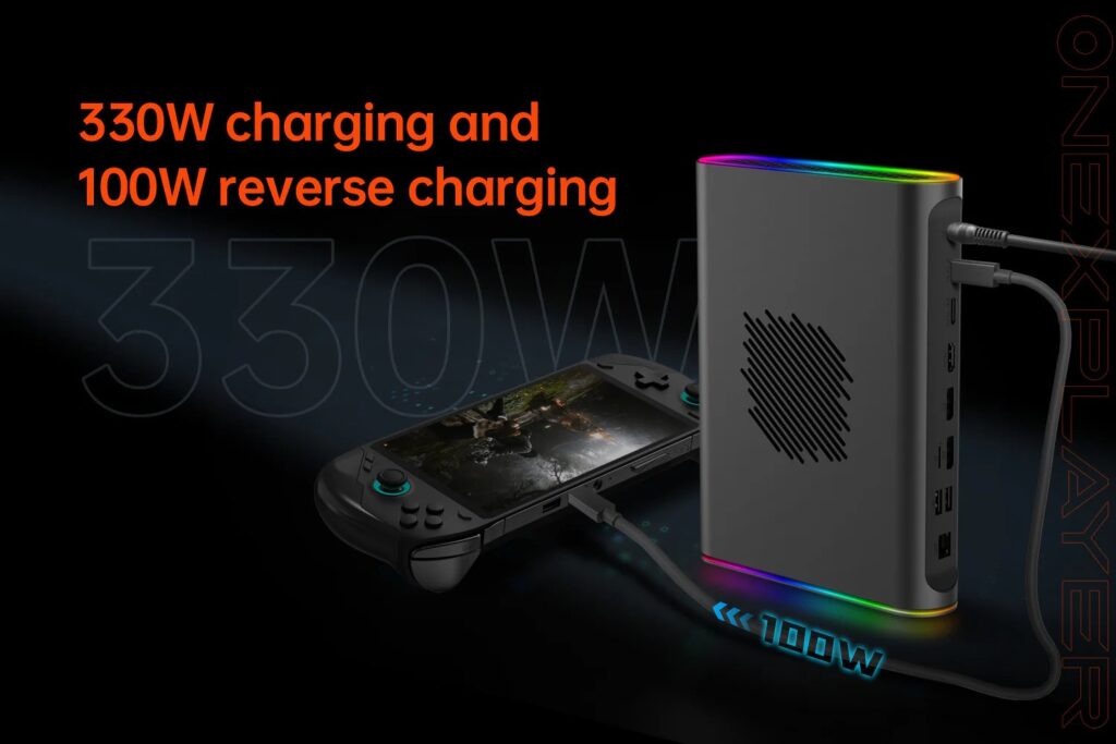 The ONEXGPU 2 connected to a handheld gaming device, emphasizing its 330W charging and 100W reverse charging capabilities. RGB lighting along the device adds a stylish touch.