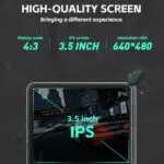 The high quality 35 inch IPS screen of the R36S console is featured with a 43 display scale and a 640x480 resolution enhancing the gaming experience The screen shows a car racing game in high detail