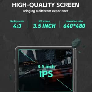 The high-quality 3.5-inch IPS screen of the R36S console is featured, with a 4:3 display scale and a 640x480 resolution, enhancing the gaming experience. The screen shows a car racing game in high detail.