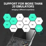 A graphic showcasing the R36Ss support for over 20 different emulators including PSP PS1 NDS NeoGeo DC SFC N64 GBA and more with a view of the console below The hexagonal arrangement of emulator names emphasizes the wide compatibility of the device