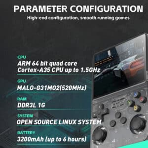 A list of the R36S console's technical specifications, featuring an ARM 64-bit quad-core Cortex-A35 CPU (up to 1.5GHz), MALI-G31 MP2 GPU (520MHz), 1GB DDR3L RAM, and a 3200mAh battery offering up to 6 hours of gameplay. The system runs on an open-source Linux operating system, ideal for high-performance gaming.