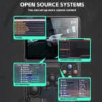 The screen of the R36S handheld console, showcasing its open-source system interface. Different sections highlight customization options such as theme selection, game downloads, key mapping, and menu features, including settings and video options, emphasizing the flexibility of the device's software.