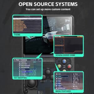 The screen of the R36S handheld console, showcasing its open-source system interface. Different sections highlight customization options such as theme selection, game downloads, key mapping, and menu features, including settings and video options, emphasizing the flexibility of the device's software.