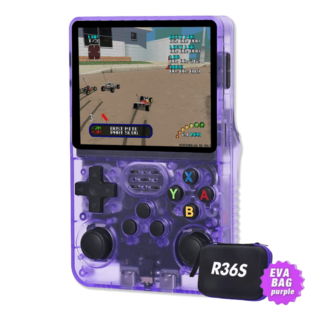 Transparent Purple R36S Console with EVA Bag: The R36S handheld console in a sleek black translucent casing, showing a racing game on the screen. A small EVA purple storage bag with "R36S" branding is displayed in the corner, emphasizing included accessories.