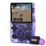 Transparent Purple R36S Console with EVA Bag: The R36S handheld console in a sleek black translucent casing, showing a racing game on the screen. A small EVA purple storage bag with "R36S" branding is displayed in the corner, emphasizing included accessories.