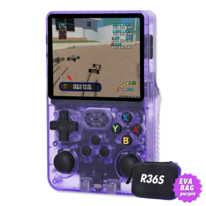 Transparent Purple R36S Console with EVA Bag: The R36S handheld console in a sleek black translucent casing, showing a racing game on the screen. A small EVA purple storage bag with "R36S" branding is displayed in the corner, emphasizing included accessories.