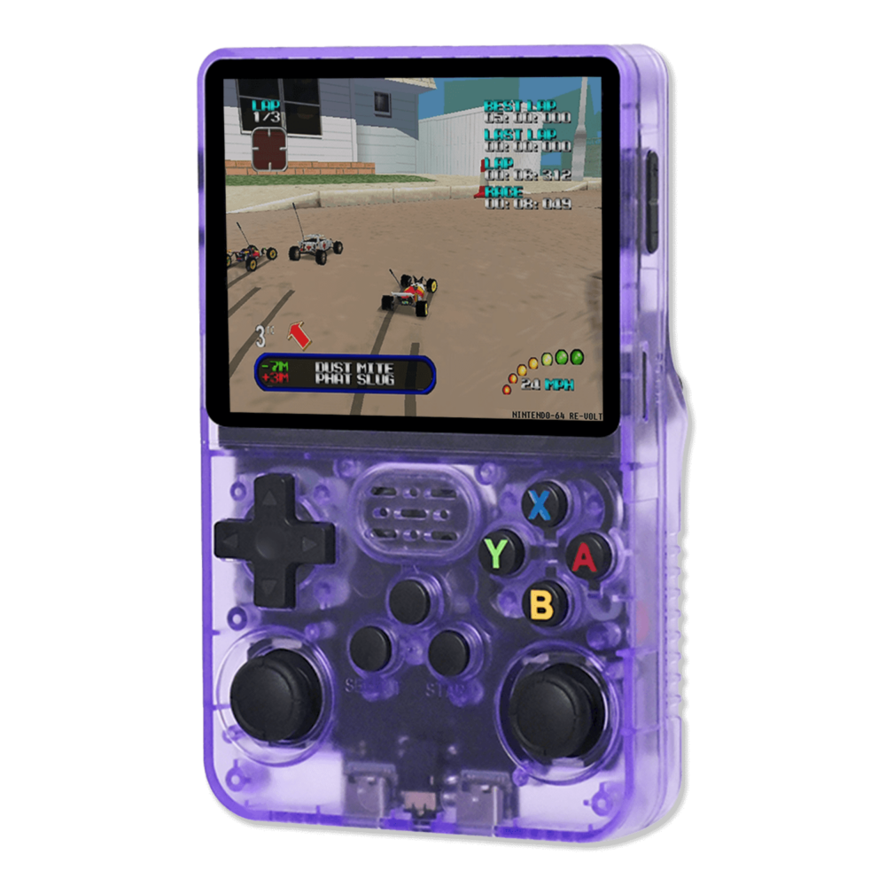 Transparent Purple R36S Console: The R36S handheld console in a vibrant translucent orange casing, showing a racing game on its screen with detailed graphics of remote-controlled cars on a track. The buttons are clearly visible on the front of the console.