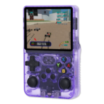 Transparent Purple R36S Console: The R36S handheld console in a vibrant translucent orange casing, showing a racing game on its screen with detailed graphics of remote-controlled cars on a track. The buttons are clearly visible on the front of the console.