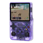 Transparent Purple R36S Console The R36S handheld console in a vibrant translucent orange casing showing a racing game on its screen with detailed graphics of remote controlled cars on a track The buttons are clearly visible on the front of the console