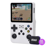 White R36S Console with EVA Bag The R36S handheld console in a sleek black translucent casing showing a racing game on the screen A small EVA purple storage bag with R36S branding is displayed in the corner emphasizing included accessories