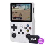R36SWHITELISTINGDONE0 DROIX Global White R36S Console with EVA Bag The R36S handheld console in a sleek black translucent casing showing a racing game on the screen A small EVA purple storage bag with R36S branding is displayed in the corner emphasizing included accessories