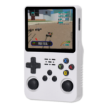 White R36S Console The R36S handheld console in a vibrant translucent orange casing showing a racing game on its screen with detailed graphics of remote controlled cars on a track The buttons are clearly visible on the front of the console