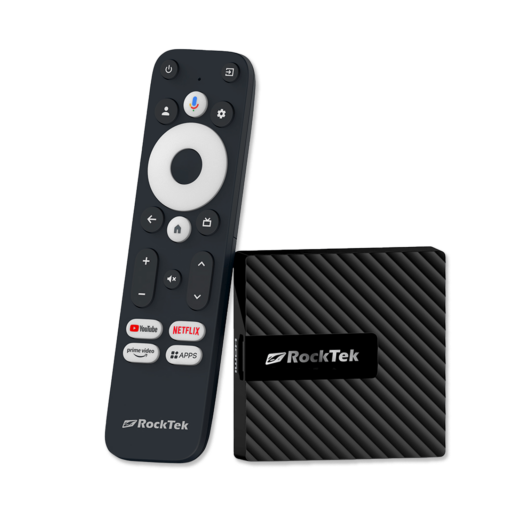 RockTek GB1 Android TV box shown alongside its dedicated remote control The compact device has a sleek textured design The remote features a circular navigation pad voice control button and dedicated buttons for popular streaming services like YouTube Netflix and Prime Video along with an Apps button for quick access to installed applications