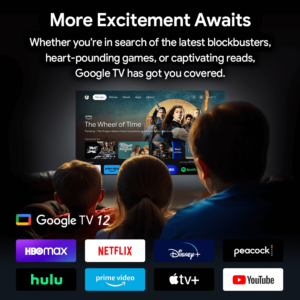 Google TV 12 on RockTek GB1 Android TV box offering access to popular streaming platforms including HBO Max, Netflix, Disney+, Peacock, Hulu, Prime Video, Apple TV+, and YouTube. Users can enjoy a variety of entertainment options, from movies and TV shows to games and more.