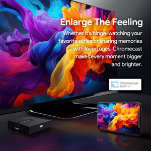 Chromecast built-in feature on the RockTek GB1 Android TV box, allowing users to cast content from their devices to their TV. The vibrant display on the screen emphasizes enhanced viewing experiences for binge-watching or sharing memories with friends and family.