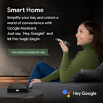 Smart Home compatibility of RockTek GB1 Android TV box with Google Assistant. A user interacts with the remote, illustrating voice command functionality by saying 'Hey Google' for an optimized, hands-free experience in searching for content and controlling smart home devices.