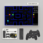 An image displaying a classic Pac-Man game on a TV connected to the X9 gaming stick. Below, the package contents, including two black controllers and the X9 stick, highlight the ease of setup for instant gaming enjoyment. The "Plug and Play" label emphasizes simplicity.